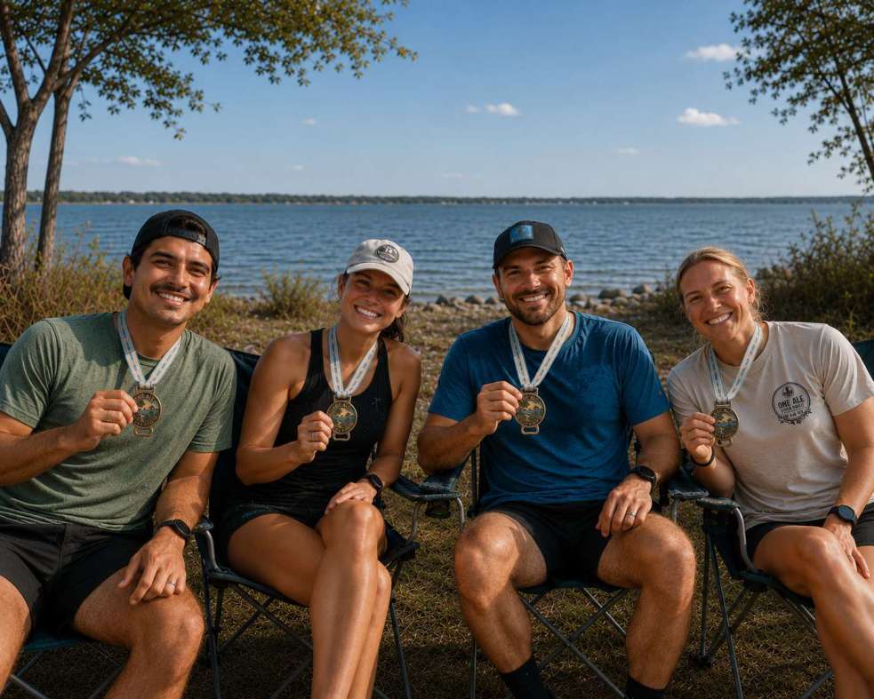 finishers at lake in lawn chairs
