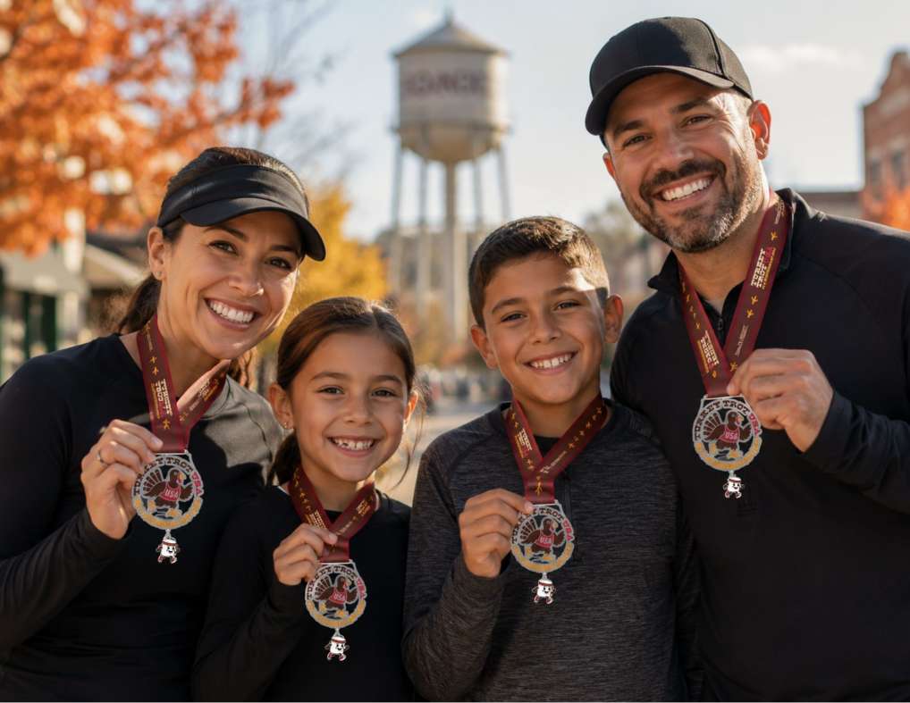 family of 4 showing off finisher medal