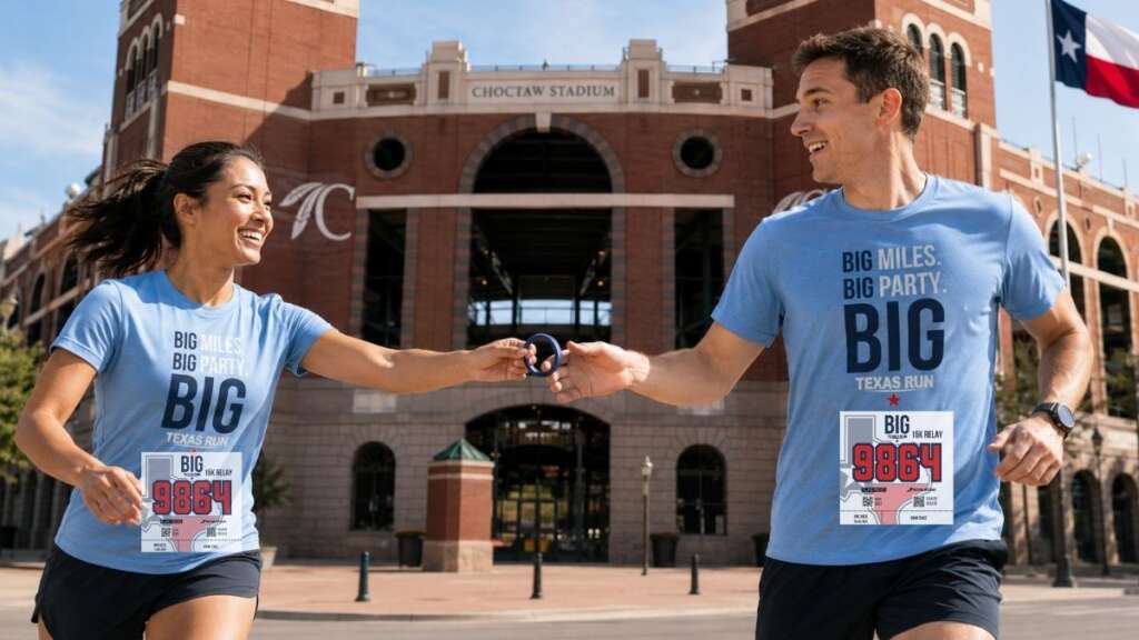 Big Texas Run 15K Relay runners practicing a relay handoff in Arlington Texas.