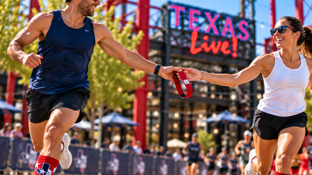 Two runners handing off strap at 15K relay at Big Texas Run